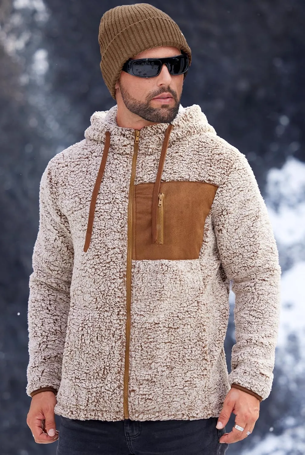 Men's Sherpa Zipper Hoodie Fuzzy Fleece Jacket Color Block Thermal Cardigan with Pockets (S-XXL)