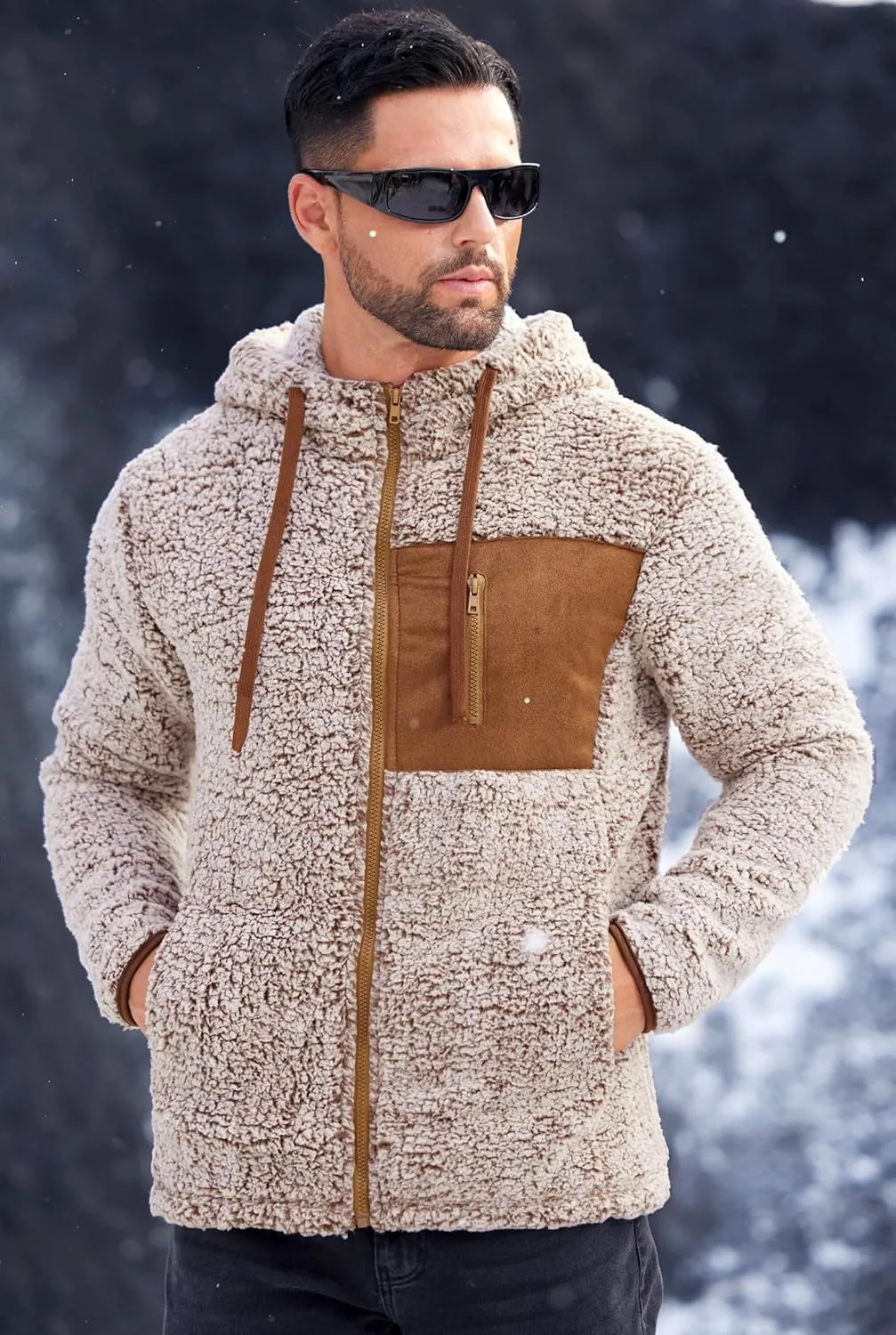 Men's Sherpa Zipper Hoodie Fuzzy Fleece Jacket Color Block Thermal Cardigan with Pockets (S-XXL)