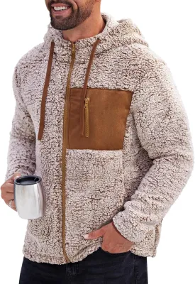 Men's Sherpa Zipper Hoodie Fuzzy Fleece Jacket Color Block Thermal Cardigan with Pockets (S-XXL)