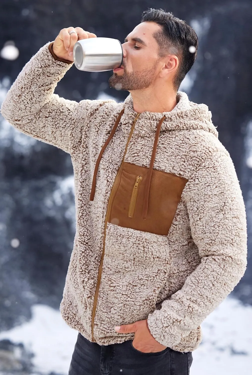 Men's Sherpa Zipper Hoodie Fuzzy Fleece Jacket Color Block Thermal Cardigan with Pockets (S-XXL)