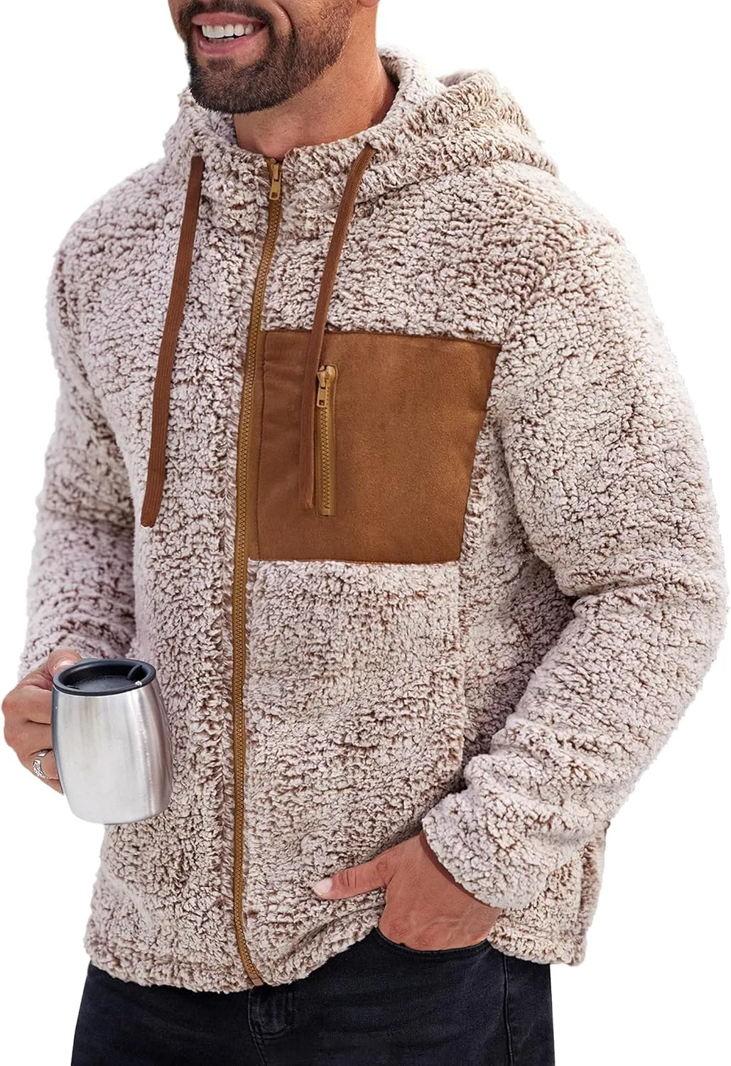 Men's Sherpa Zipper Hoodie Fuzzy Fleece Jacket Color Block Thermal Cardigan with Pockets (S-XXL)