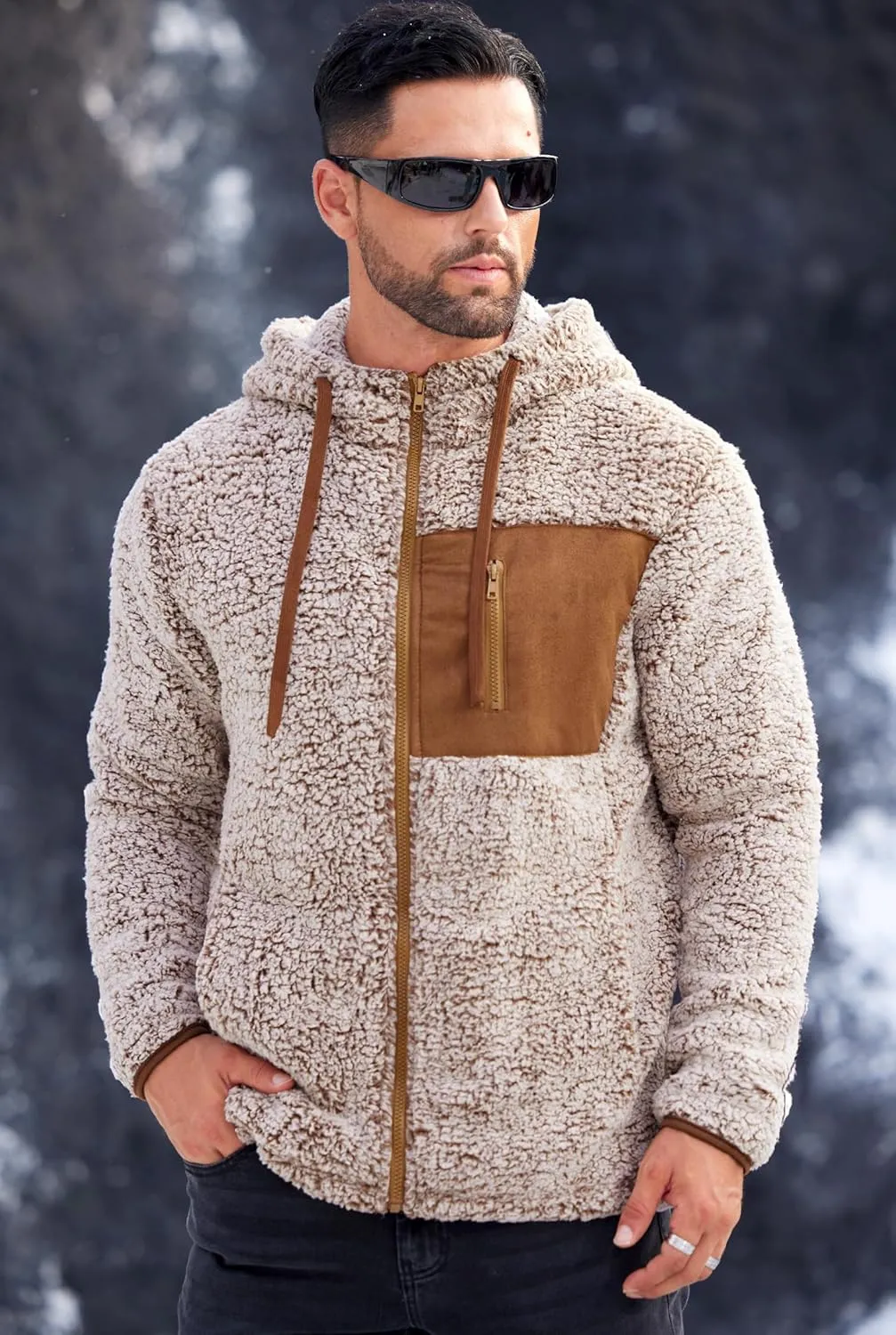 Men's Sherpa Zipper Hoodie Fuzzy Fleece Jacket Color Block Thermal Cardigan with Pockets (S-XXL)