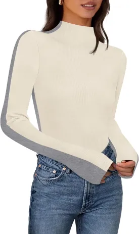 MEROKEETY Women's 2025 Fall Mock Neck Lightweight Pullover Sweater Fitted Ribbed Long Sleeve Color Block Knit Tee Shirt Tops