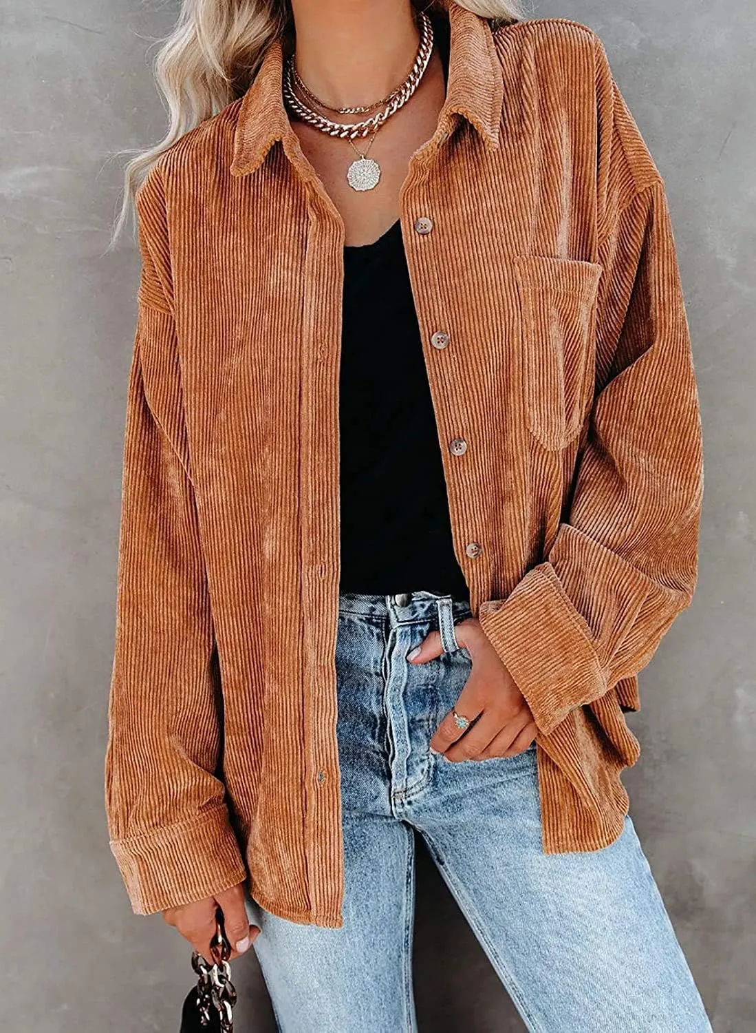 MIHOLL Womens Corduroy Button Down Shirts Casual Long Sleeve Jacket Oversized Boyfriend Blouses Tops with Pockets