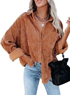 MIHOLL Womens Corduroy Button Down Shirts Casual Long Sleeve Jacket Oversized Boyfriend Blouses Tops with Pockets