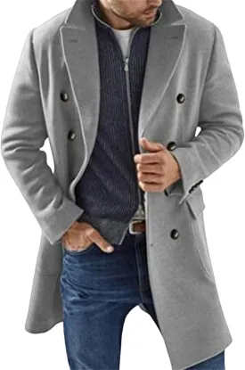 Mmoneyake Men's Double Breasted Trench Coat Wool Blend Pea Coat Slim Fit Overcoat Warm Lapel Work Business Jacket Outerwear