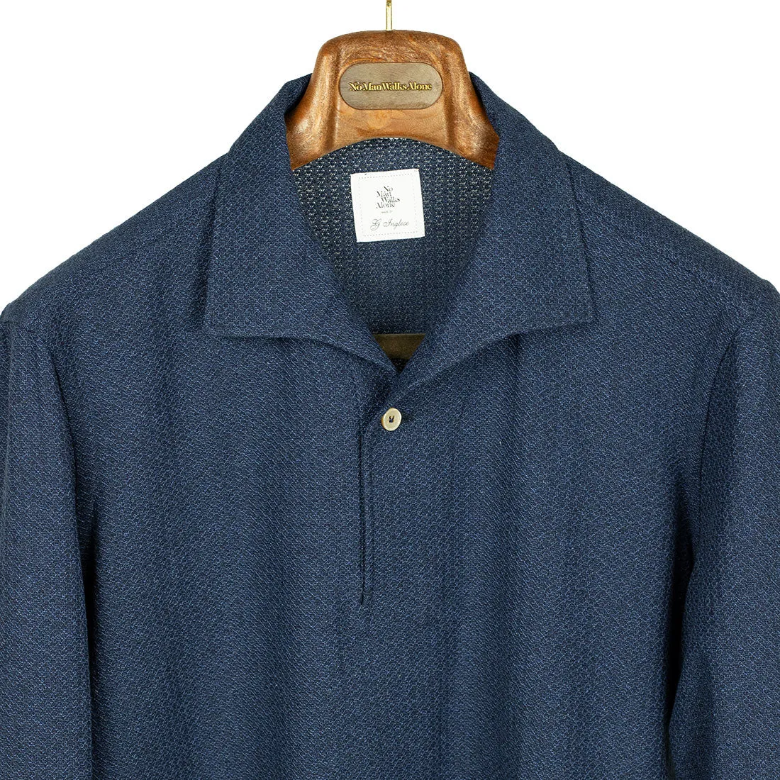 Navy melange grenadine-knit cotton long-sleeve polo shirt, one-piece collar (restock)