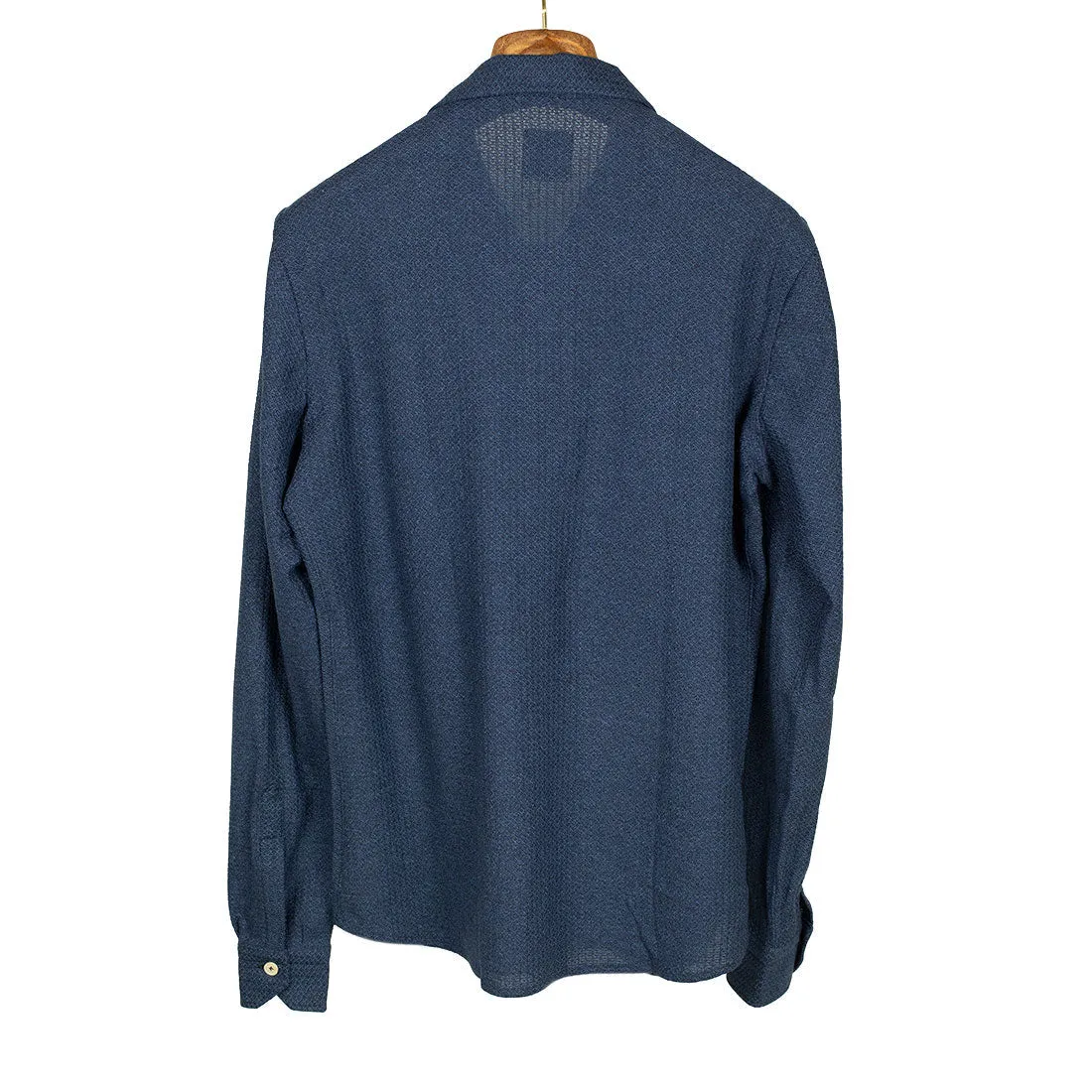 Navy melange grenadine-knit cotton long-sleeve polo shirt, one-piece collar (restock)