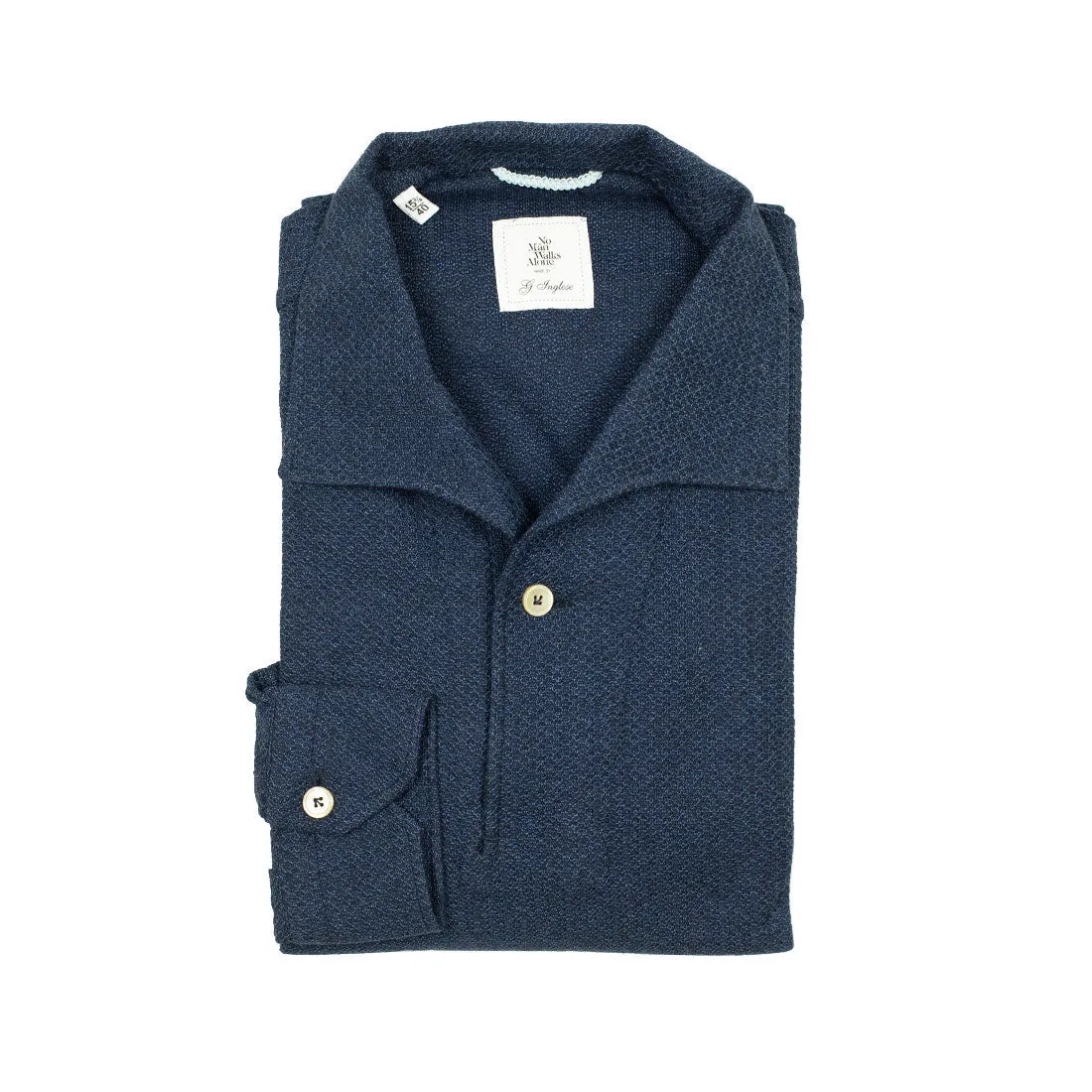 Navy melange grenadine-knit cotton long-sleeve polo shirt, one-piece collar (restock)