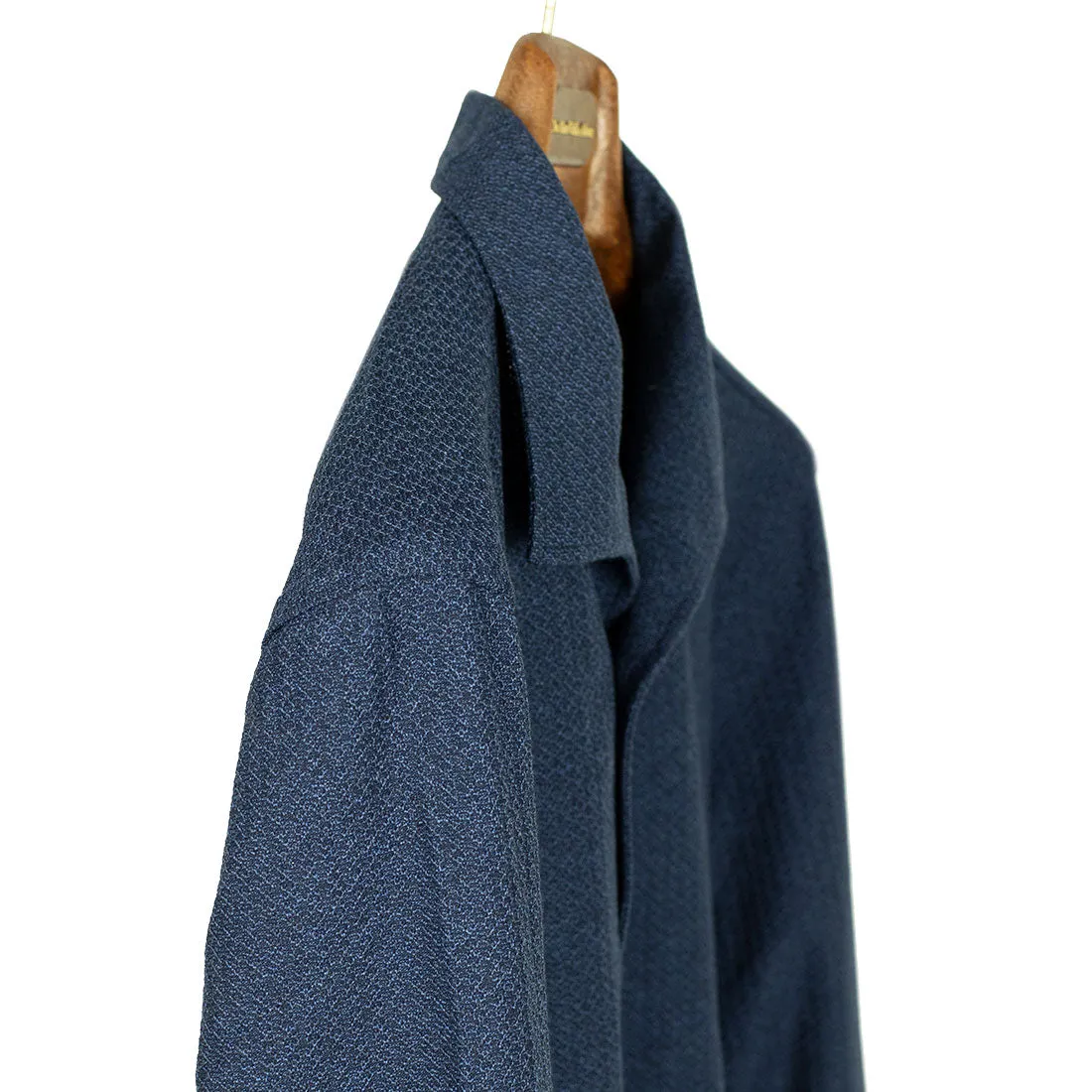 Navy melange grenadine-knit cotton long-sleeve polo shirt, one-piece collar (restock)