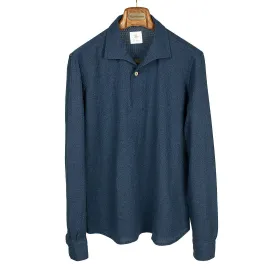 Navy melange grenadine-knit cotton long-sleeve polo shirt, one-piece collar (restock)