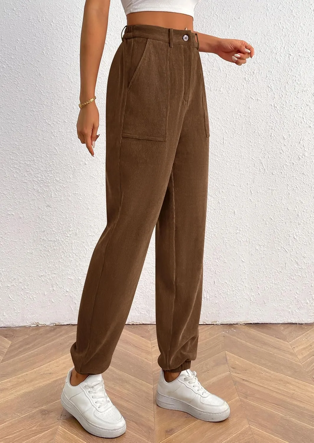 PRETTYGARDEN Women's Dressy Casual Pants Elastic High Waisted Work Office Corduroy Trouser Slacks with Pockets