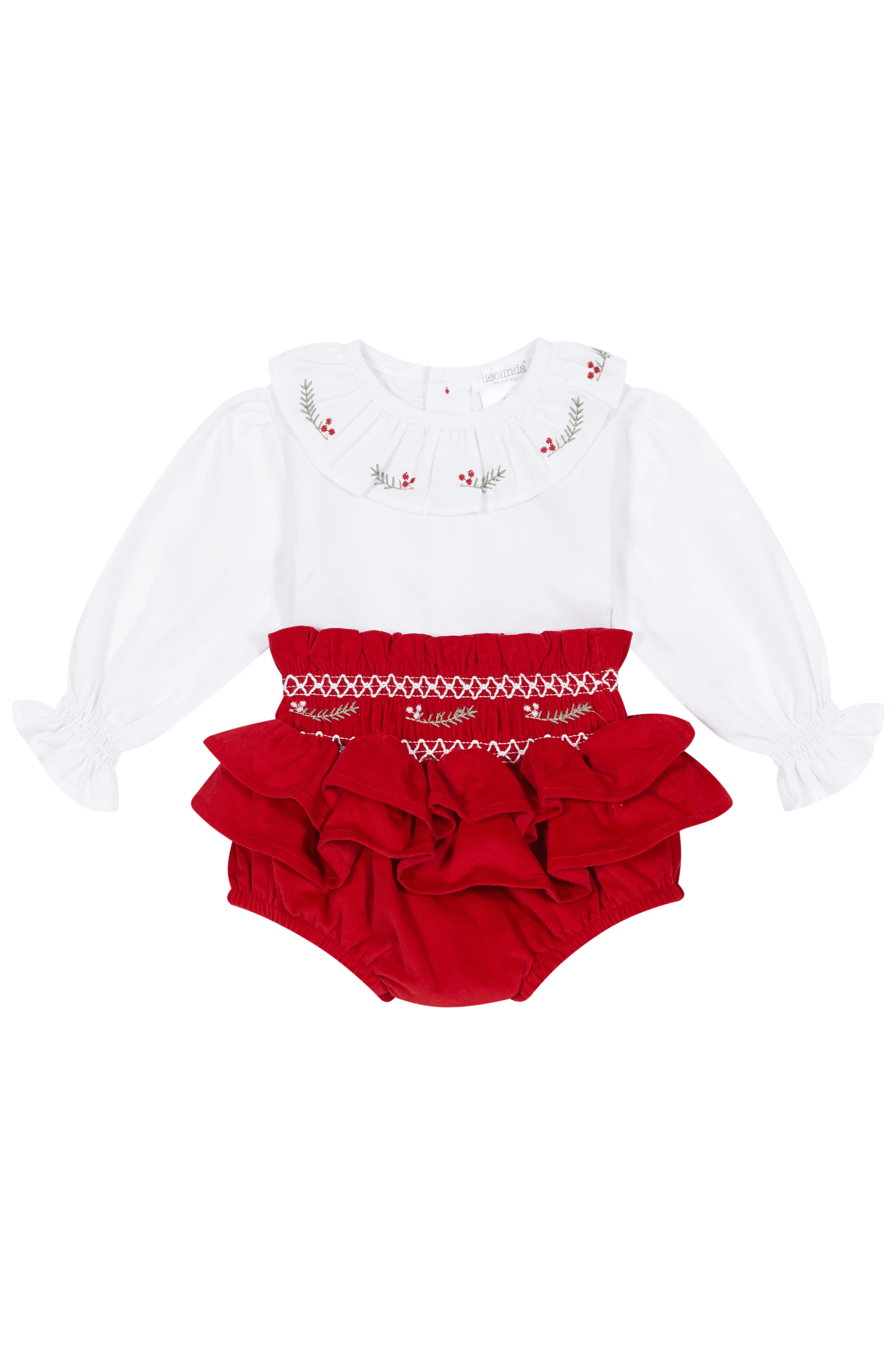 "Arianna" Embroidered Blouse & Red Velvet Bloomers