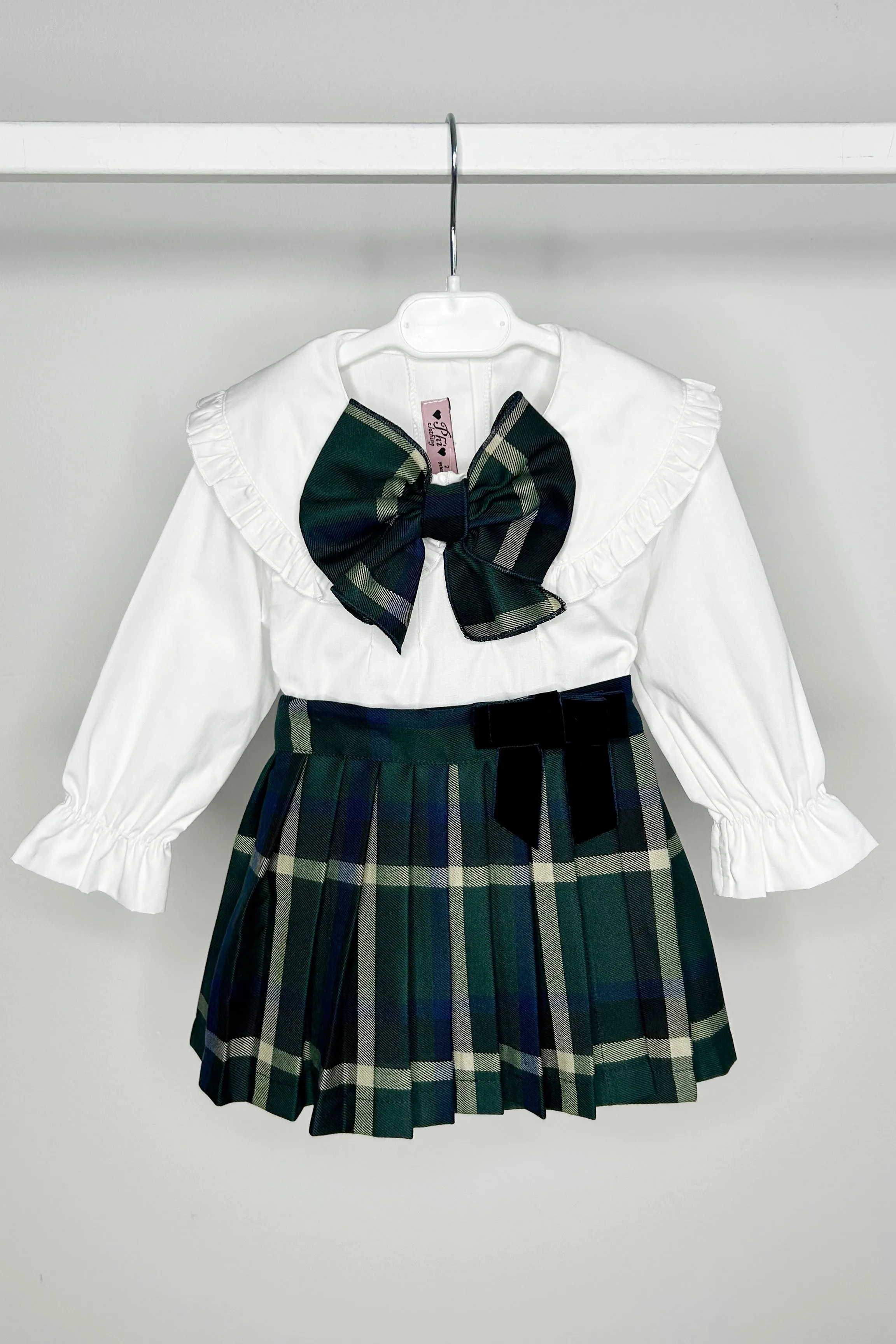 "Octavia" Blouse & Bottle Green Tartan Pleated Skirt
