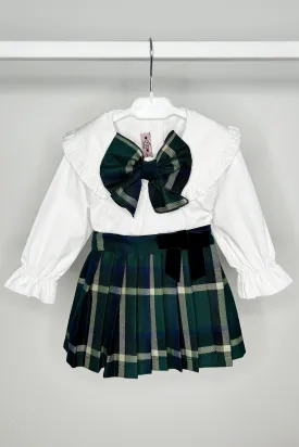 "Octavia" Blouse & Bottle Green Tartan Pleated Skirt