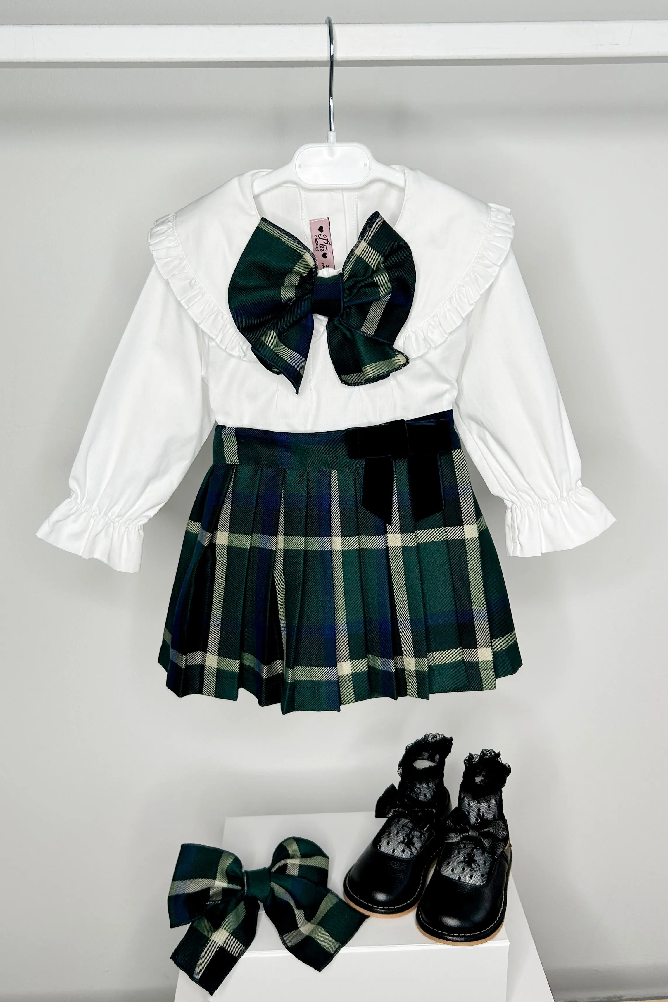 "Octavia" Blouse & Bottle Green Tartan Pleated Skirt
