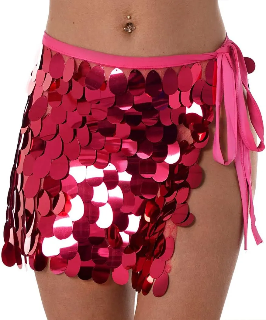 REETAN Sequin Fringe Skirt Belly Dance Hip Scarf for Women