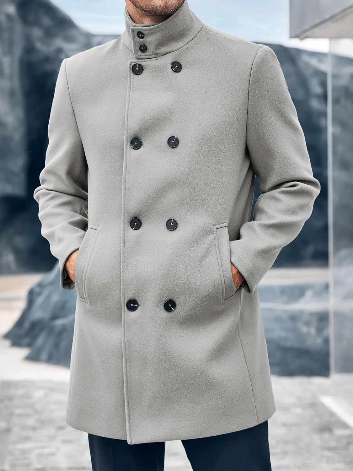 Runcati Mens Mid Long Trench Coat Winter Double Breasted Pea Coat Casual Business Warm Overcoat