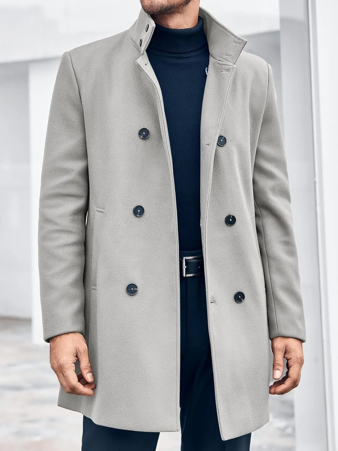 Runcati Mens Mid Long Trench Coat Winter Double Breasted Pea Coat Casual Business Warm Overcoat