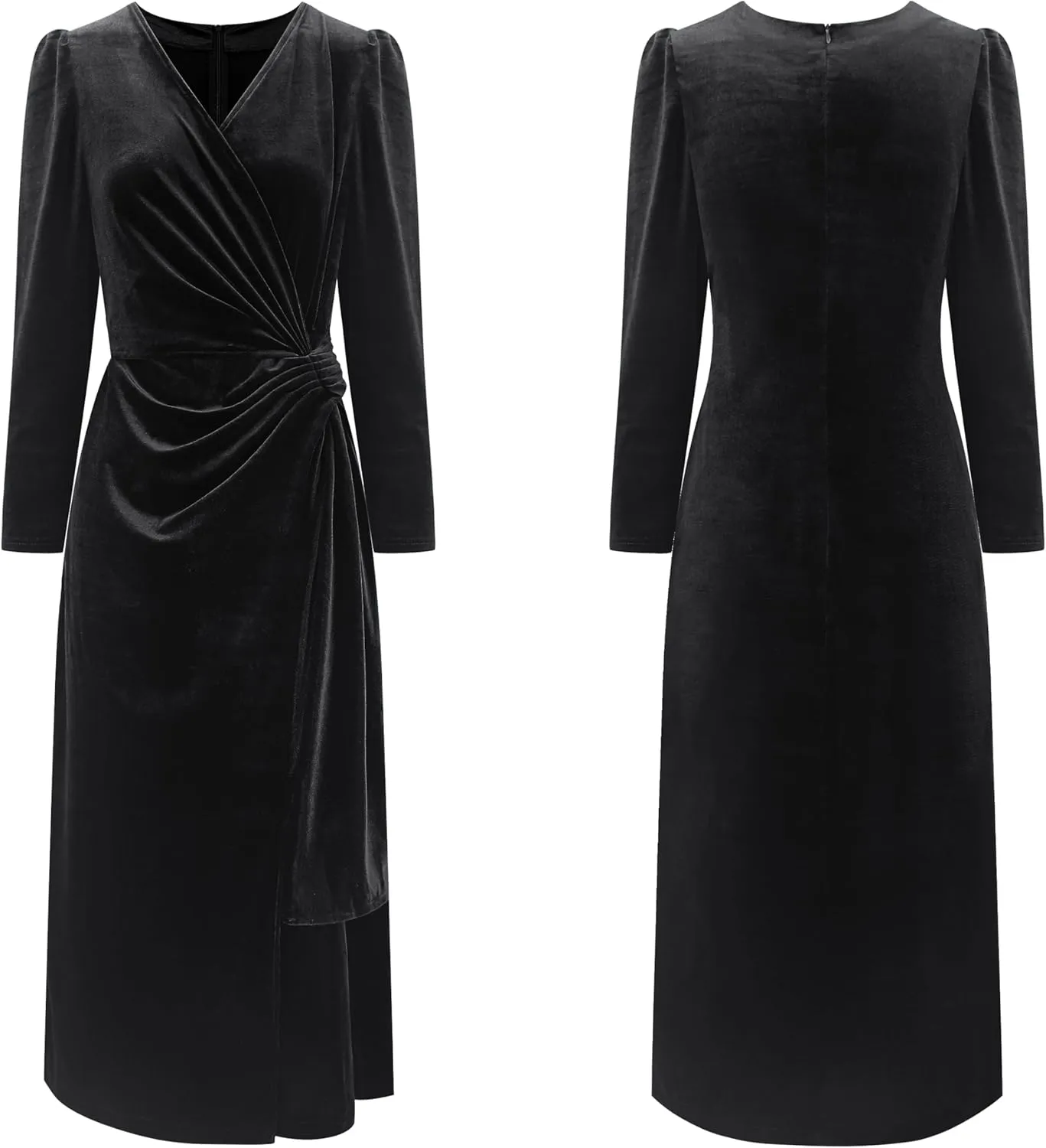 R.Vivimos Womens Velvet V Neck Wrap Dress Fall Winter Long Sleeve Waist Ruched Elastic Elegant Midi Dress
