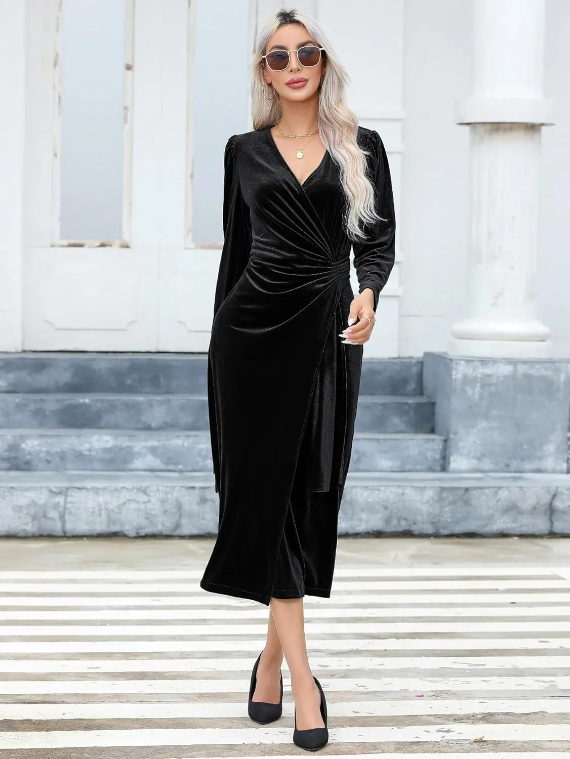 R.Vivimos Womens Velvet V Neck Wrap Dress Fall Winter Long Sleeve Waist Ruched Elastic Elegant Midi Dress