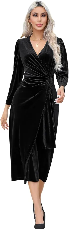 R.Vivimos Womens Velvet V Neck Wrap Dress Fall Winter Long Sleeve Waist Ruched Elastic Elegant Midi Dress