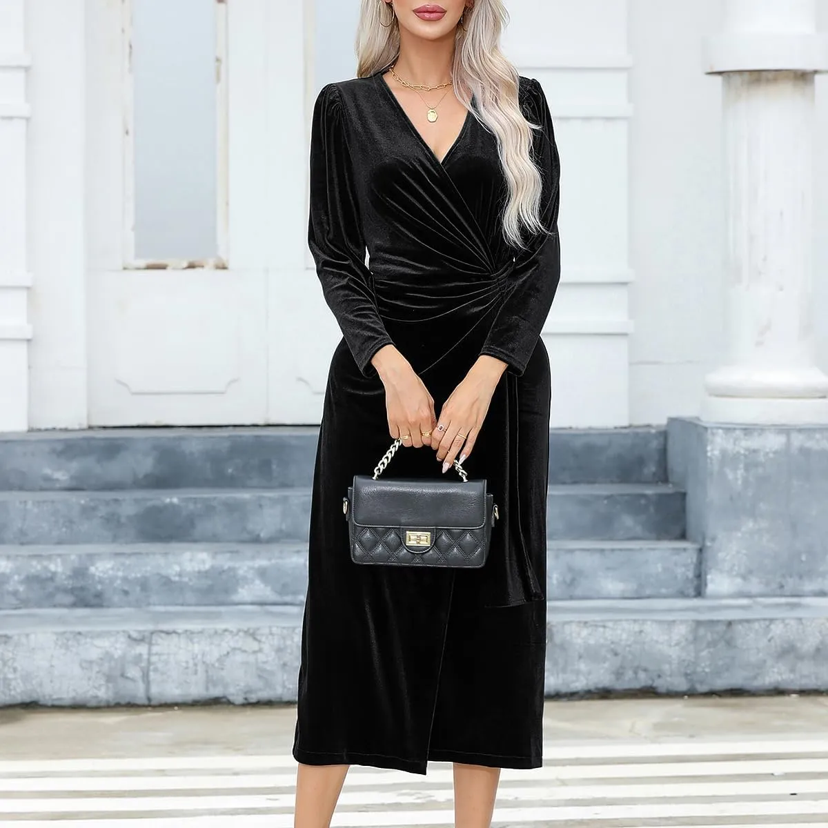 R.Vivimos Womens Velvet V Neck Wrap Dress Fall Winter Long Sleeve Waist Ruched Elastic Elegant Midi Dress