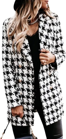Sexyshine Women's Houndstooth Double Breasted Coat Notch Lapel Wool Blend Pea Coat Mid Long Plaid Blazer Jacket