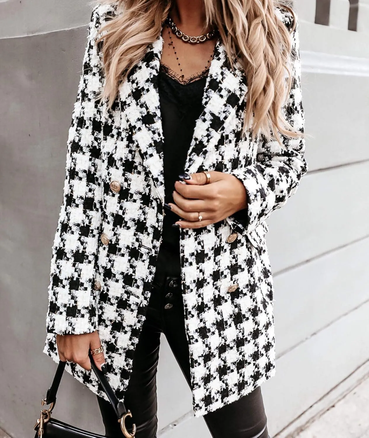 Sexyshine Women's Houndstooth Double Breasted Coat Notch Lapel Wool Blend Pea Coat Mid Long Plaid Blazer Jacket