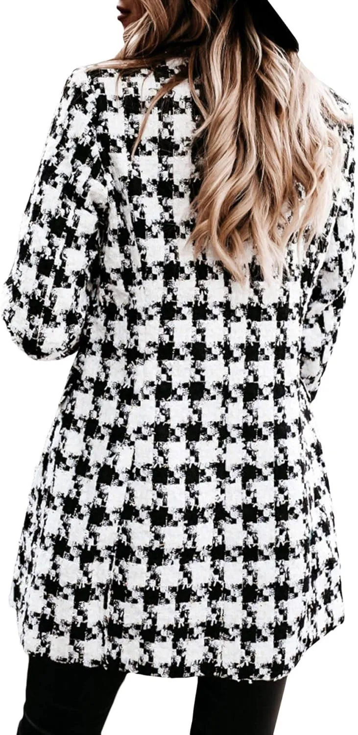 Sexyshine Women's Houndstooth Double Breasted Coat Notch Lapel Wool Blend Pea Coat Mid Long Plaid Blazer Jacket