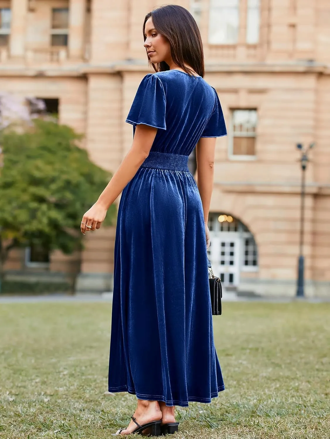 Simplee Women's Short Sleeve Velvet Maxi Dress V Neck Empire Waist Long Formal Wedding Guest Dresses