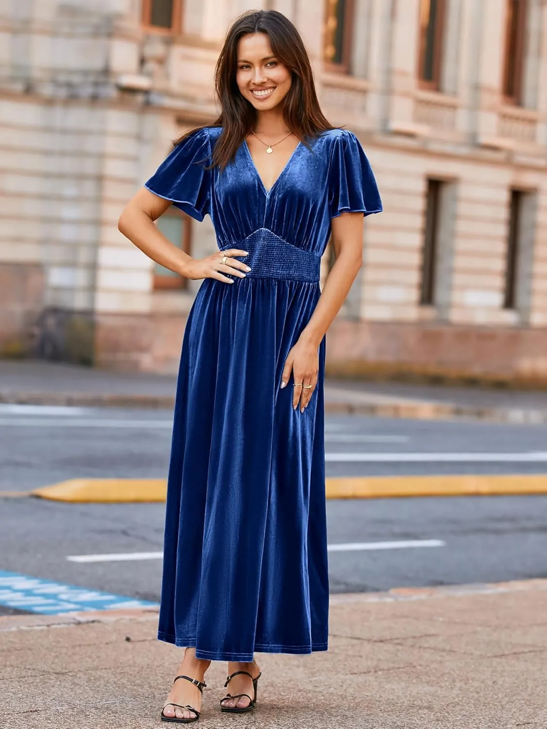Simplee Women's Short Sleeve Velvet Maxi Dress V Neck Empire Waist Long Formal Wedding Guest Dresses