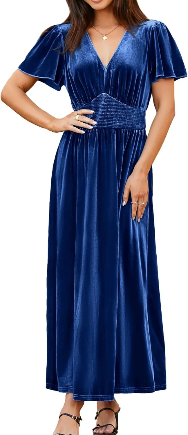 Simplee Women's Short Sleeve Velvet Maxi Dress V Neck Empire Waist Long Formal Wedding Guest Dresses
