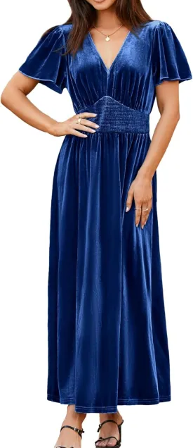 Simplee Women's Short Sleeve Velvet Maxi Dress V Neck Empire Waist Long Formal Wedding Guest Dresses