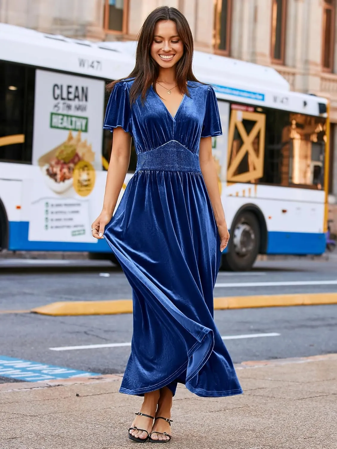 Simplee Women's Short Sleeve Velvet Maxi Dress V Neck Empire Waist Long Formal Wedding Guest Dresses