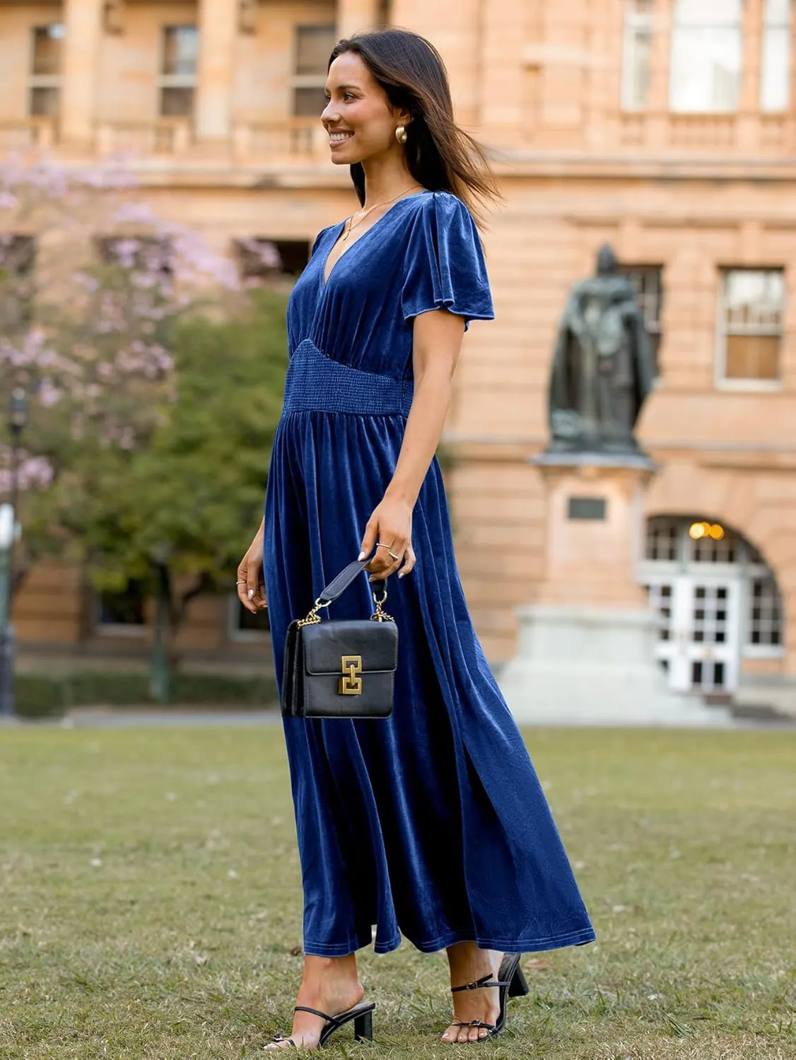 Simplee Women's Short Sleeve Velvet Maxi Dress V Neck Empire Waist Long Formal Wedding Guest Dresses