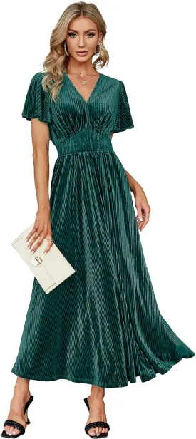 Simplee Womens V Neck Velvet Maxi Dress Short Sleeve Empire Waist Long Formal Dress for Wedding Guest