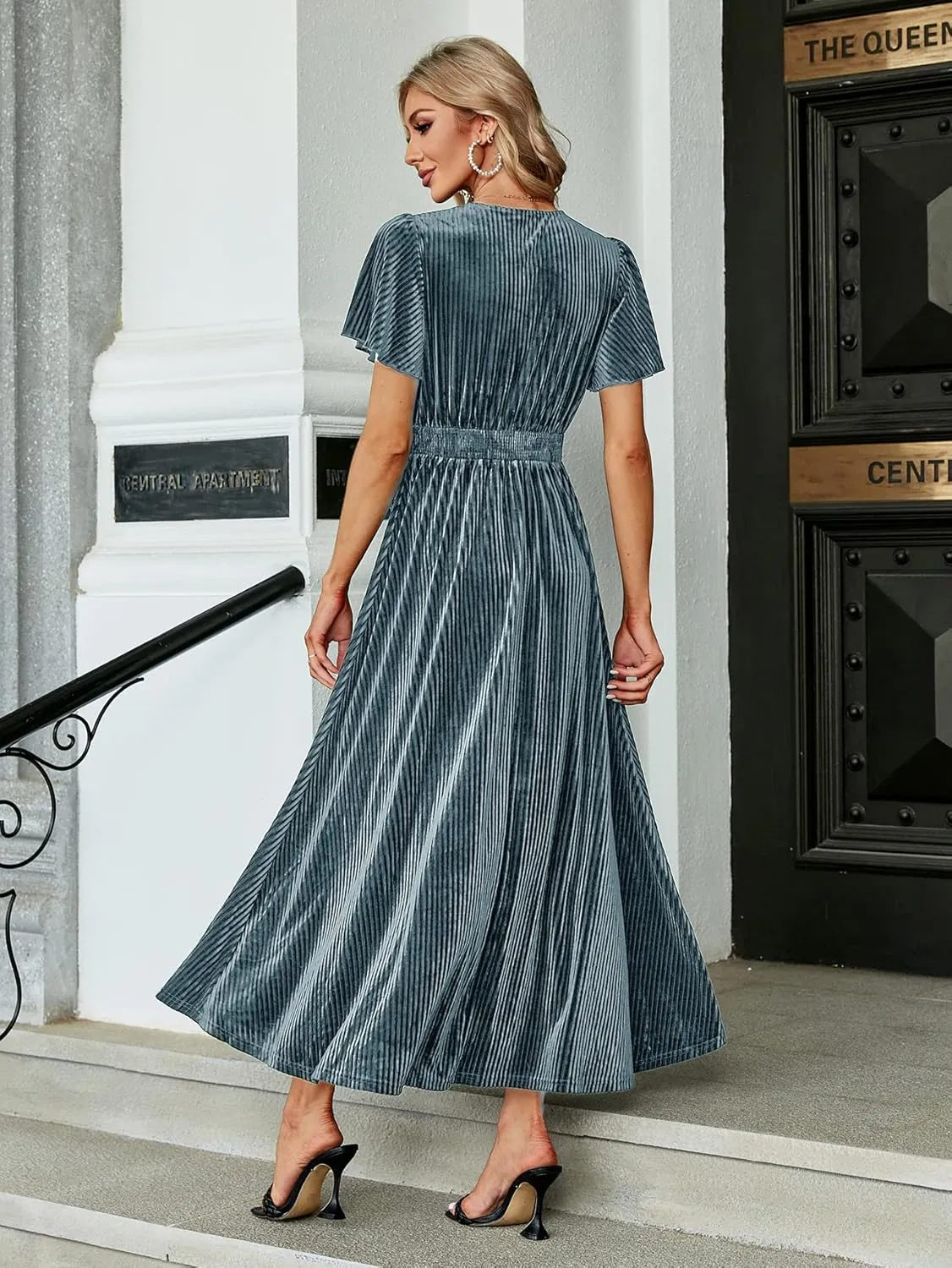Simplee Womens V Neck Velvet Maxi Dress Short Sleeve Empire Waist Long Formal Dress for Wedding Guest