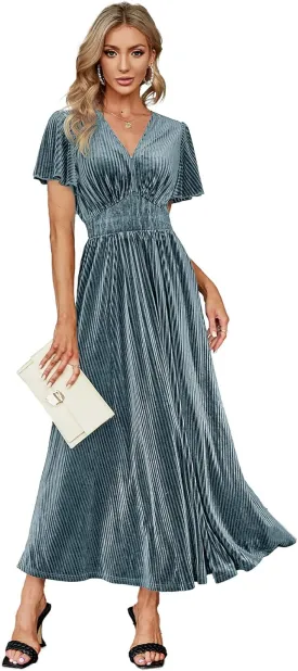 Simplee Womens V Neck Velvet Maxi Dress Short Sleeve Empire Waist Long Formal Dress for Wedding Guest