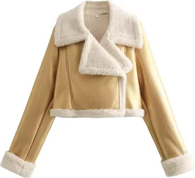 Uillui Women's Faux Shearing Fur Lined Leather Jacket Warm Thick Winter Coat Sherpa Lined Short Moto Biker Short Crop Coats