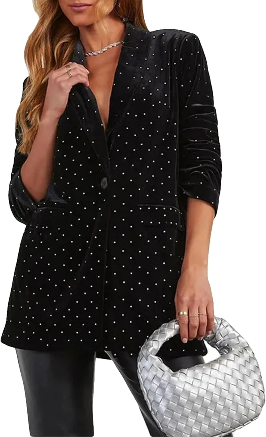 Velvet Blazer Diamonds Jacket for Women Long Sleeve Lapel Work Office Jacket Elegant Open Front Business Outfits