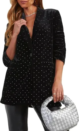 Velvet Blazer Diamonds Jacket for Women Long Sleeve Lapel Work Office Jacket Elegant Open Front Business Outfits