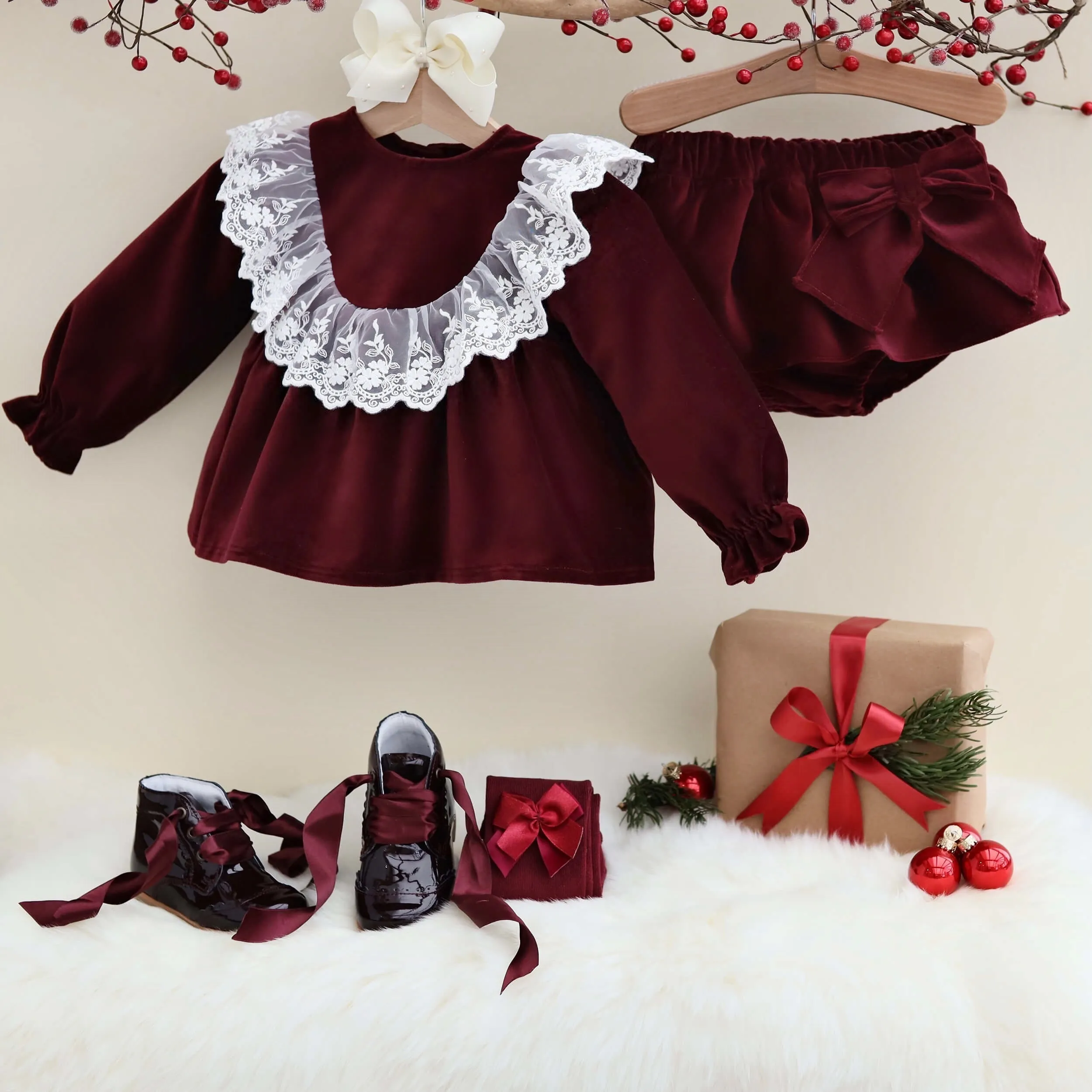 Velvet Top & Bloomer Set - Burgundy