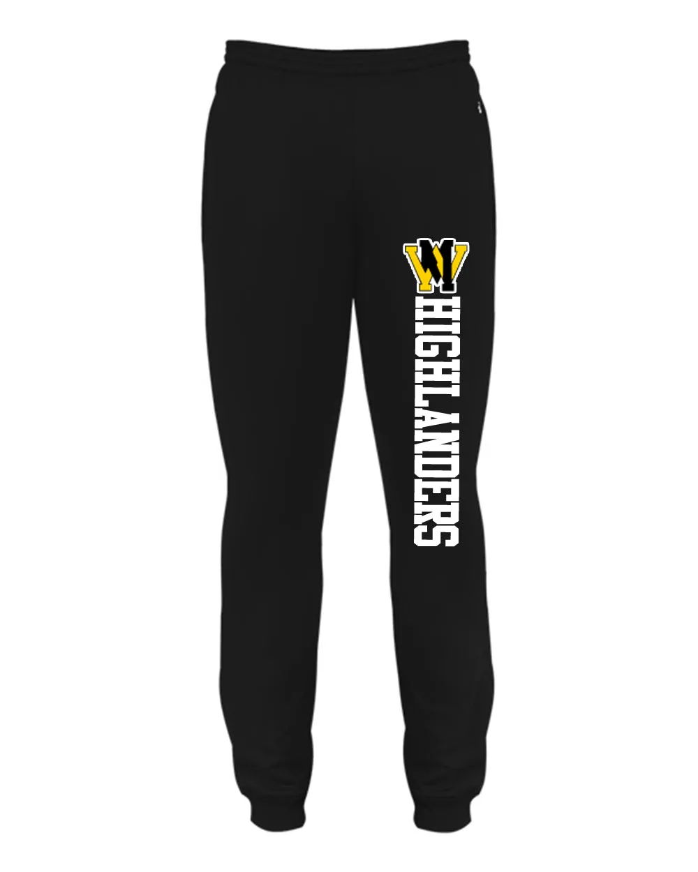 West Milford Fencing Black Badger - Women’s Sport Athletic Fleece Joggers - 1216 w/ WM highlanders Logo down Left Leg.
