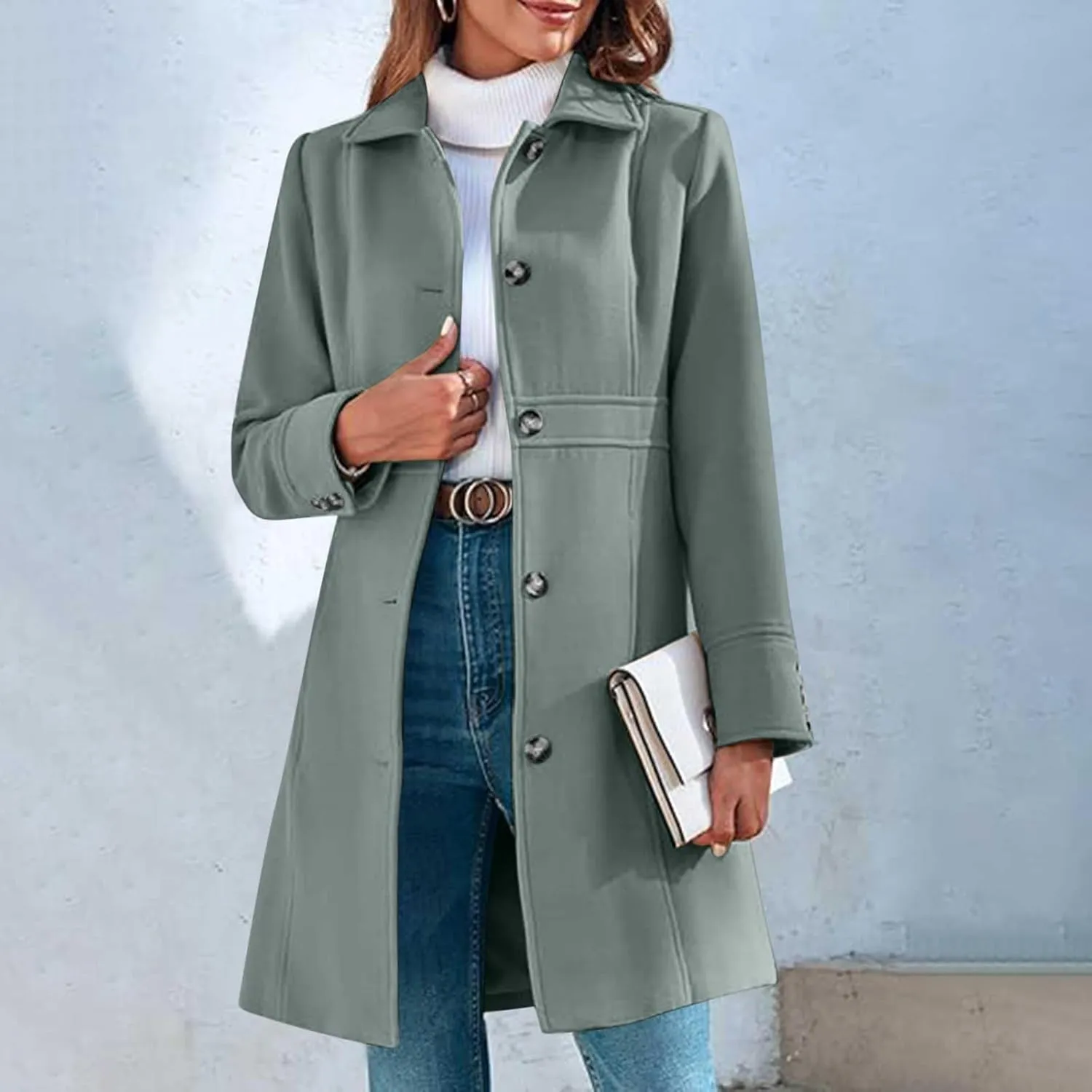 Women Casual Thicken Wool Blend Pea Coat Elegant Long Sleeve Lapel Single Breast Midi Long Trench Coats with Pocket