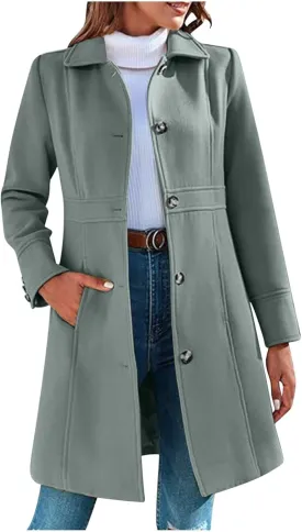 Women Casual Thicken Wool Blend Pea Coat Elegant Long Sleeve Lapel Single Breast Midi Long Trench Coats with Pocket