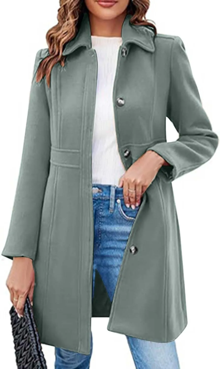 Women Casual Thicken Wool Blend Pea Coat Elegant Long Sleeve Lapel Single Breast Midi Long Trench Coats with Pocket