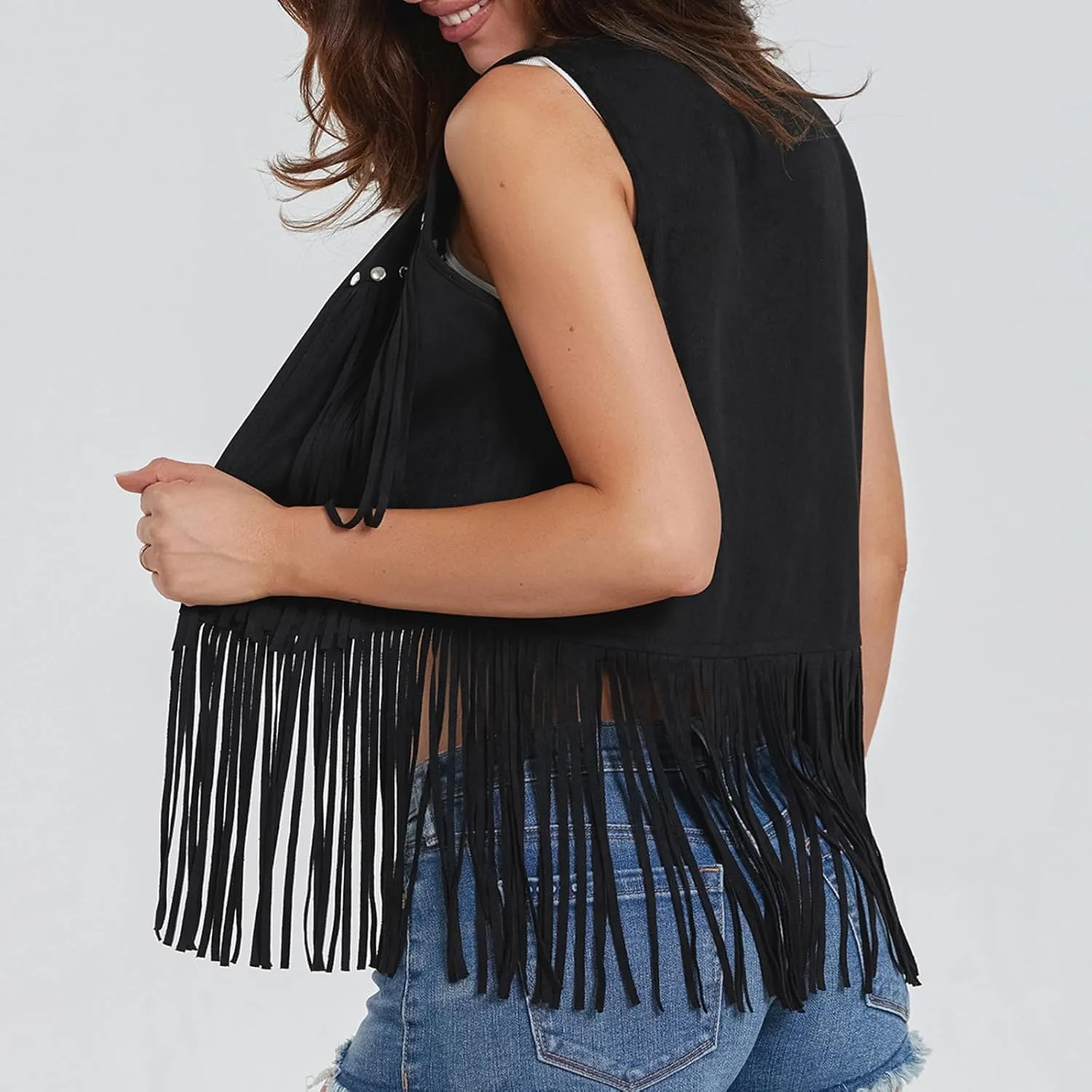 Women Fringe Vest 70s Hippie Costume Sleeveless Rivets Tassel Open Front Faux Suede Waistcoat Western Vest