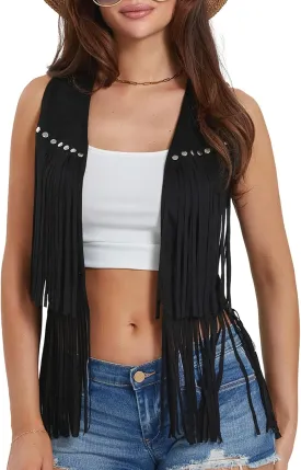 Women Fringe Vest 70s Hippie Costume Sleeveless Rivets Tassel Open Front Faux Suede Waistcoat Western Vest