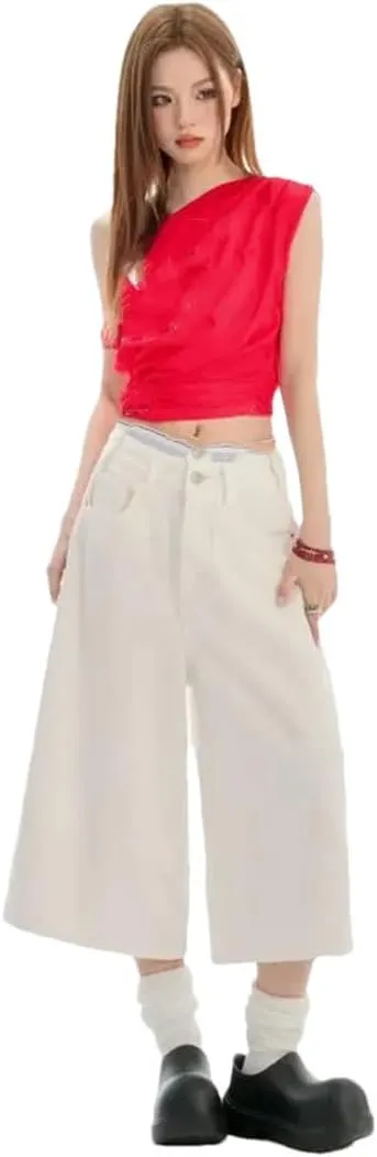 Women Loose Pockets Wide Leg High Waisted Straight Cropped Jeans